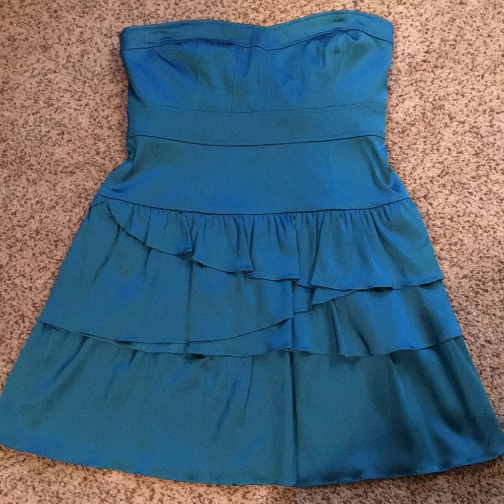 Teal satin strapless party dress